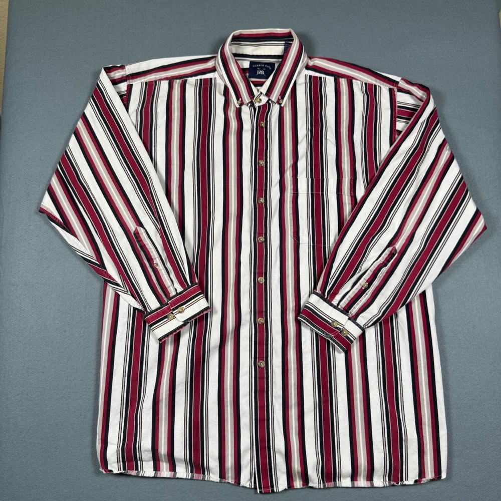 Harbor Bay Mens Multi Stripe Button Down Shirt Red Black White Long Sleeve XL